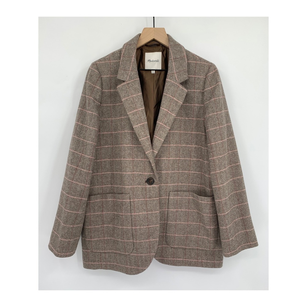 Madewell Blazer Womens XL Brown Pink Herringbone Plaid Wool Blend Preppy